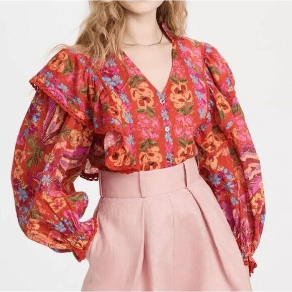 FARM Rio Tops - FARM RIO Red‎ Spring Bananas Ruffle Floral Blouse Top Size Medium